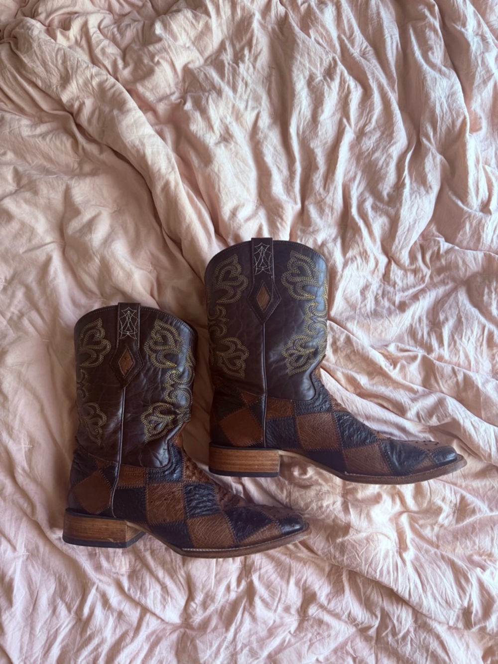 J.B. Dillon Patchwork Brown and Black Leather Cowboy Boots